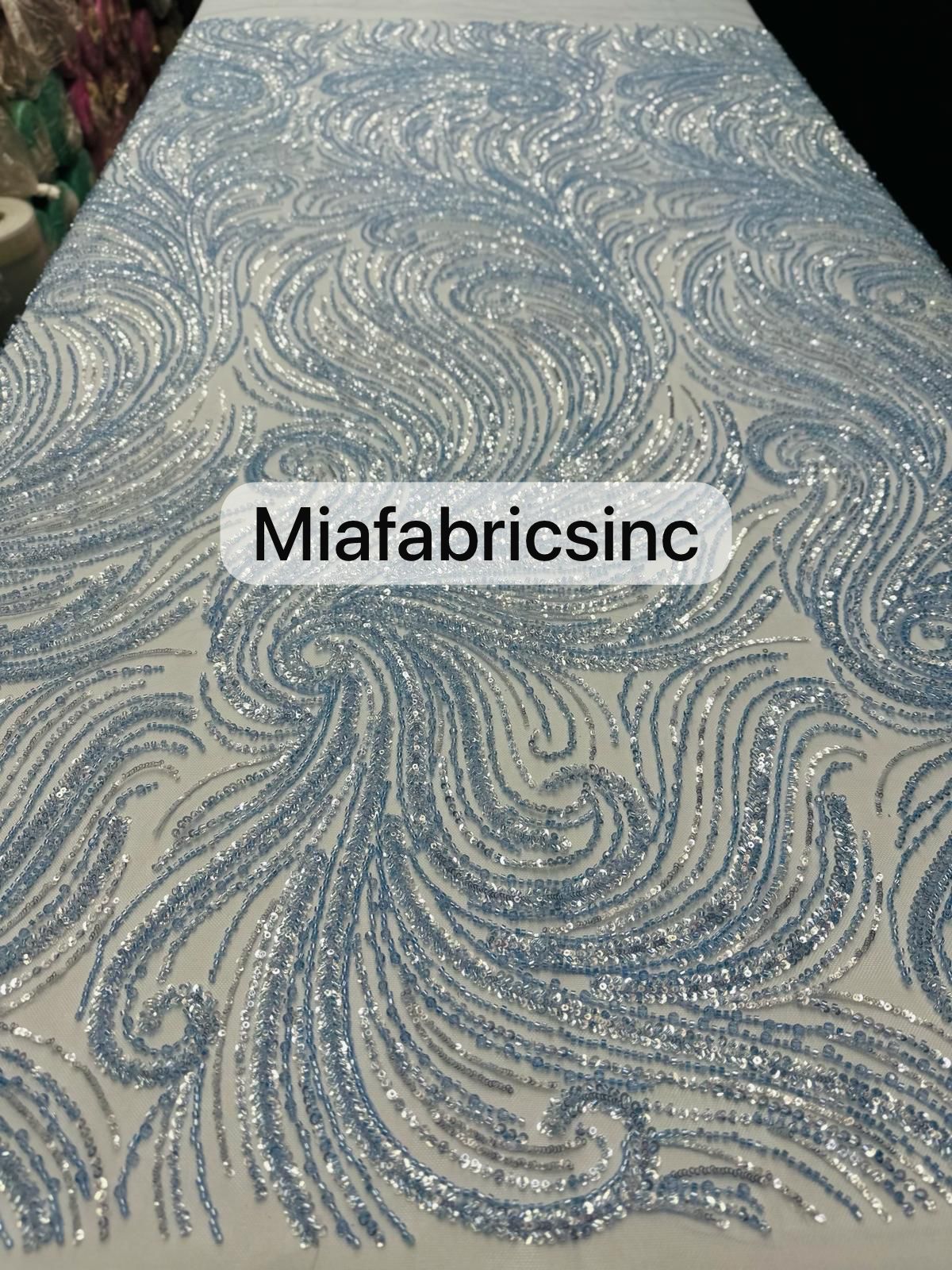 Blue Beaded Fabric by the yard, Bridal beaded, Damask Pattern With Bea