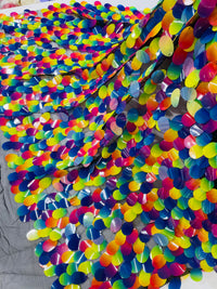 Oval Jumbo Paillette Sequins - Multi Color Iridescent on Black - Big Oval Paillette Sequins Design Fabric By Yard