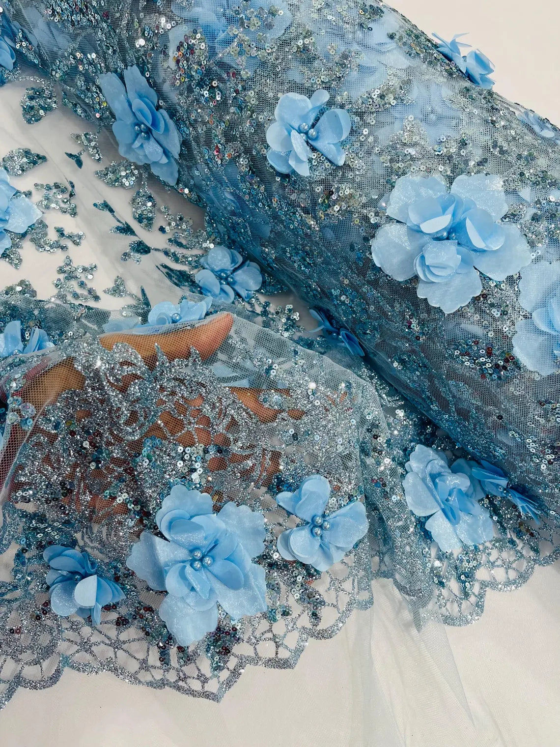 Big Flower 3D Glitter Fabric - Baby Blue - Embroidered Floral Sequins