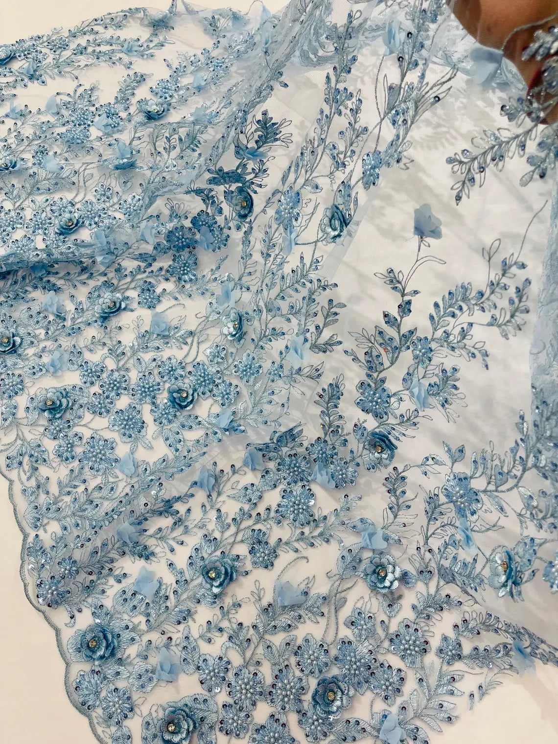 3D Rhinestone Flower Design - Baby Blue - Flower Sequins Embroidered L