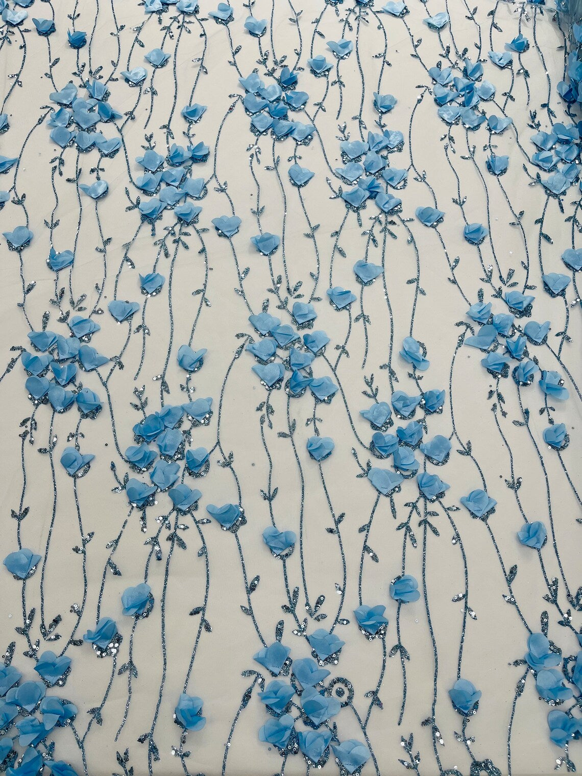 3D Floral Glitter Fabric - Baby Blue - 3D Sequins and Glitter Floral D