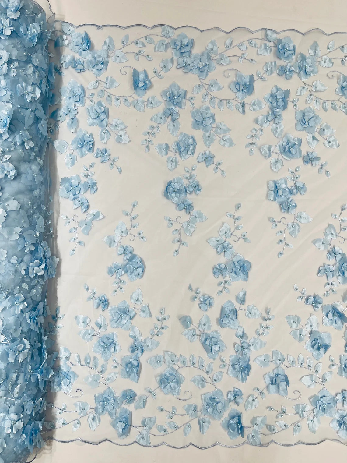 Floral 3D Pearl Fabric - Baby Blue - Embroidered Double Border Flower