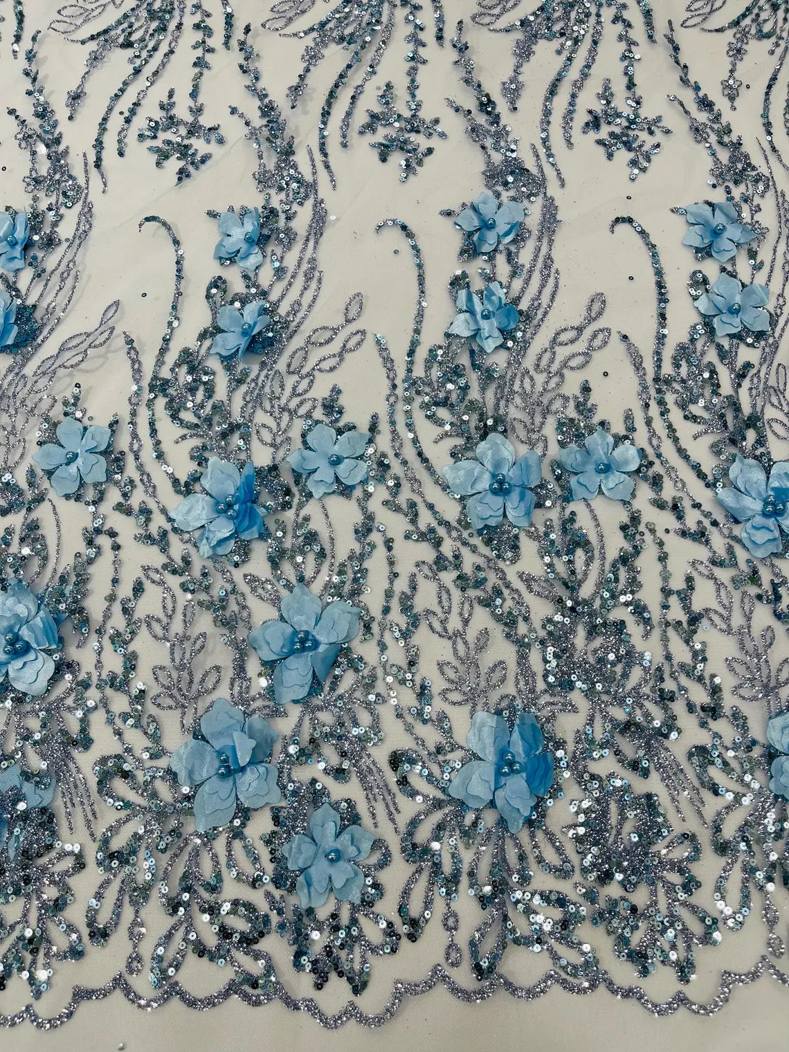Flower 3D Glitter Fabric - Baby Blue - Embroidered Floral Sequins Desi