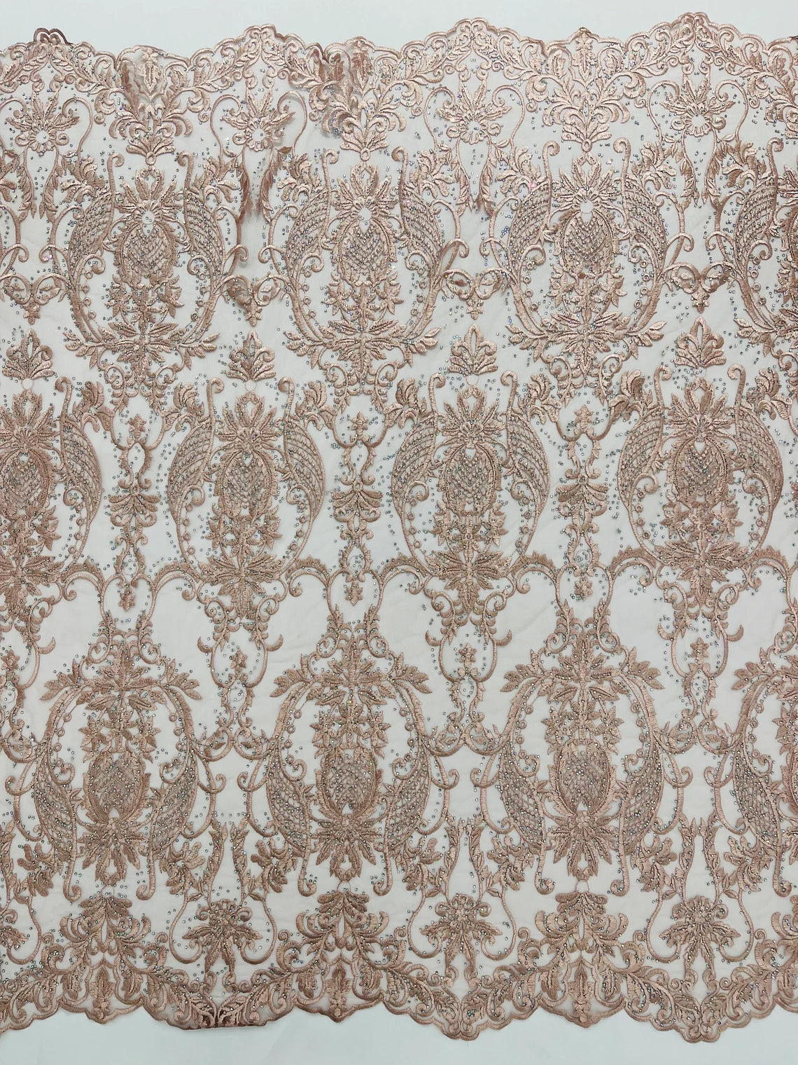 Rhinestone Design Fabric - Blush - Beaded Damask Design Embroidery Cor