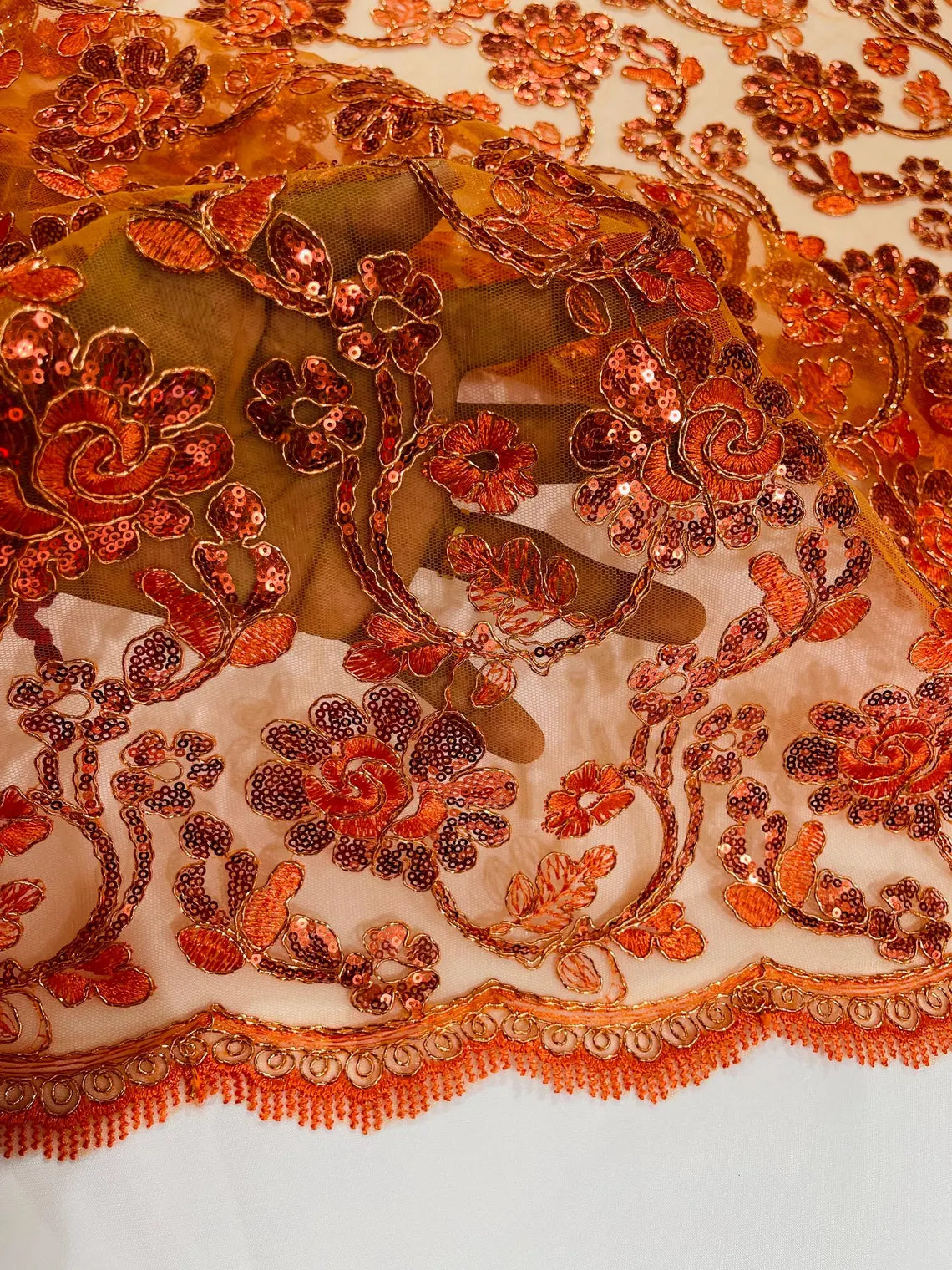 Corded Lace Flower Fabric - Burnt Orange