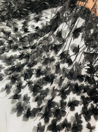 Black Beaded Fabric 3D Floral Butterfly Fabric by the Yard, Luxury Butterfly Mesh