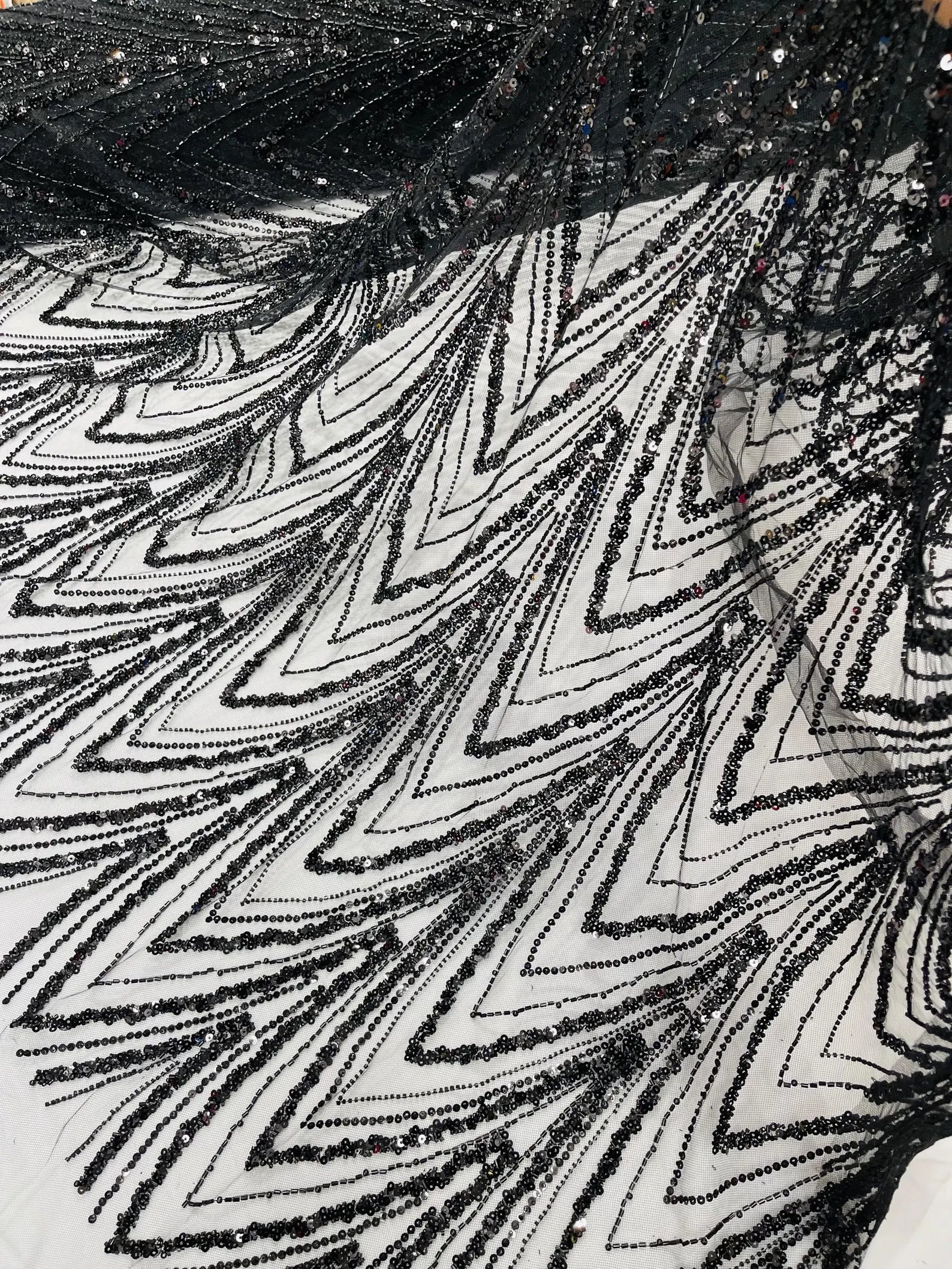 Trendy Abstract Pattern Beaded Lace Fabric By the Yard