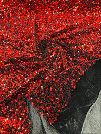 Red Sequin Fabric on Black Stretch Velvet - by the yard - Sequins Velvet 2-Way Stretch