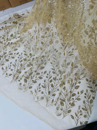 Leaf Plant Glitter Fabric - Champagne - Luxury Tall Leaf Plant Shiny Glitter Mesh Design Fabric by Yard