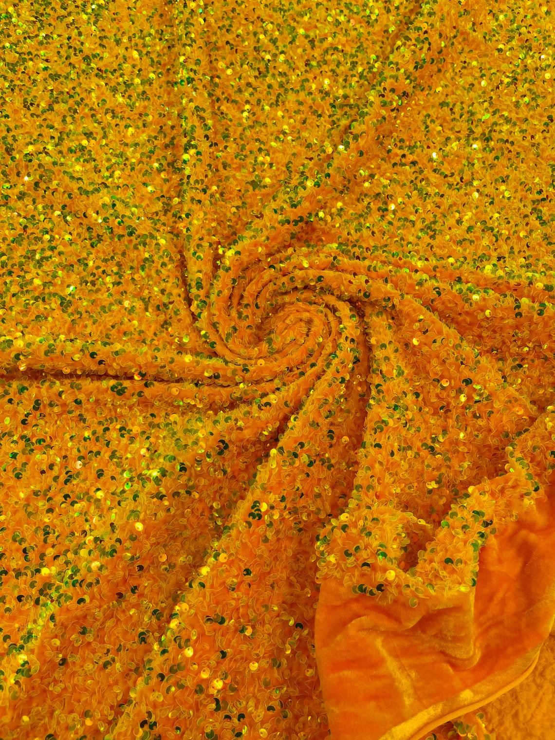 58/60" Velvet Sequins Stretch Fabric - Clear Yellow on Orange - Velvet
