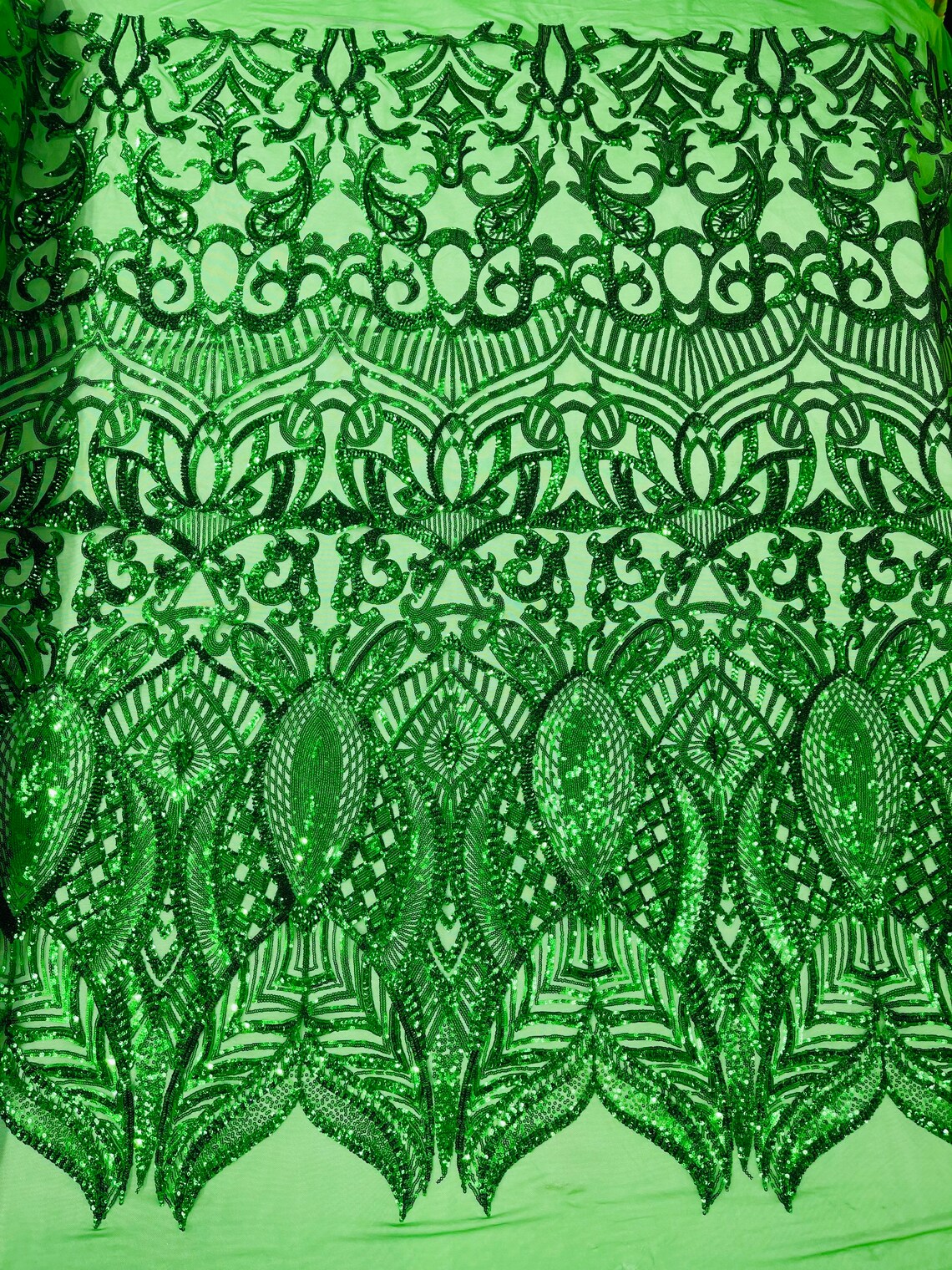 Iridescent Sequin Fabric - Emerald Green - 4 Way Stretch Royalty Lace