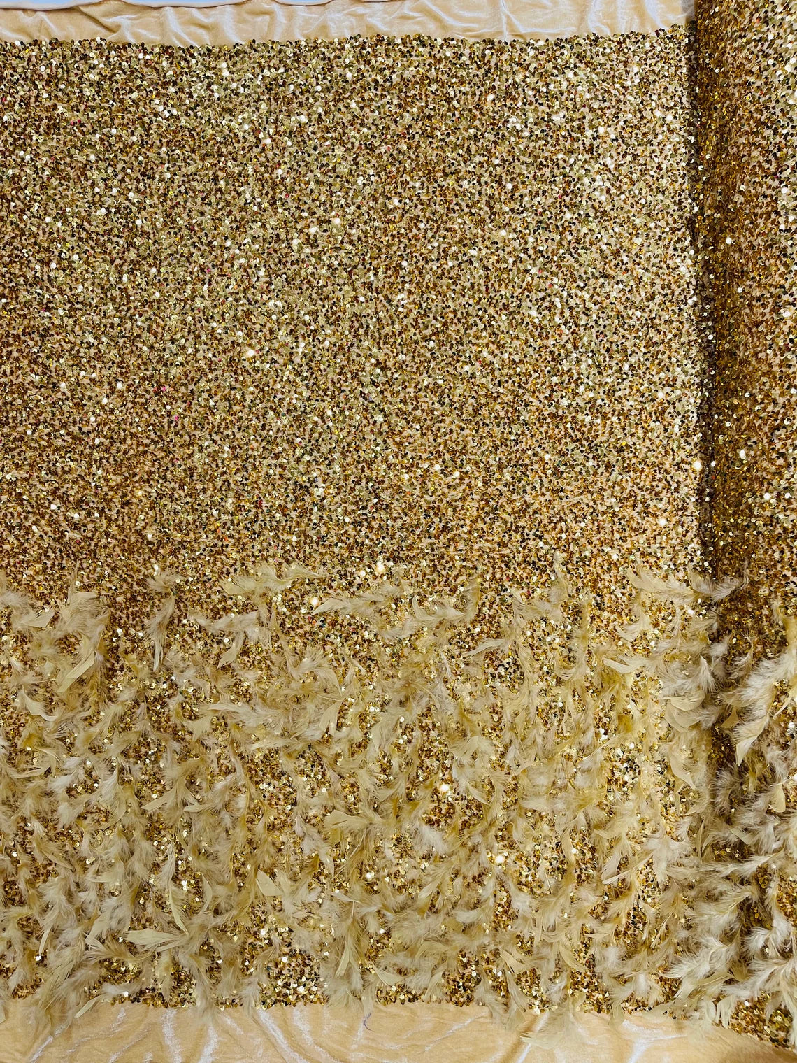 Feather Sequin Velvet Fabric - Gold - 5mm Sequins Velvet 2 Way Stretch