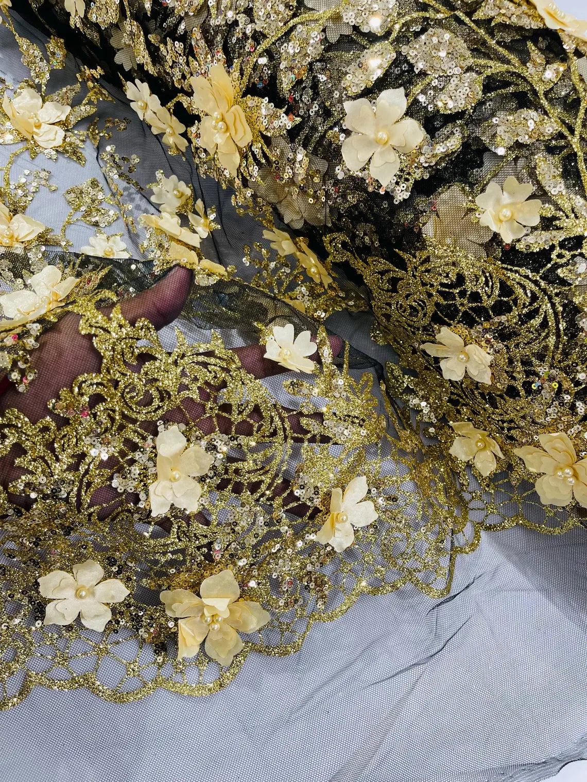 3D Glitter Floral Fabric - Gold on Black - Glitter Sequin Flower Desig