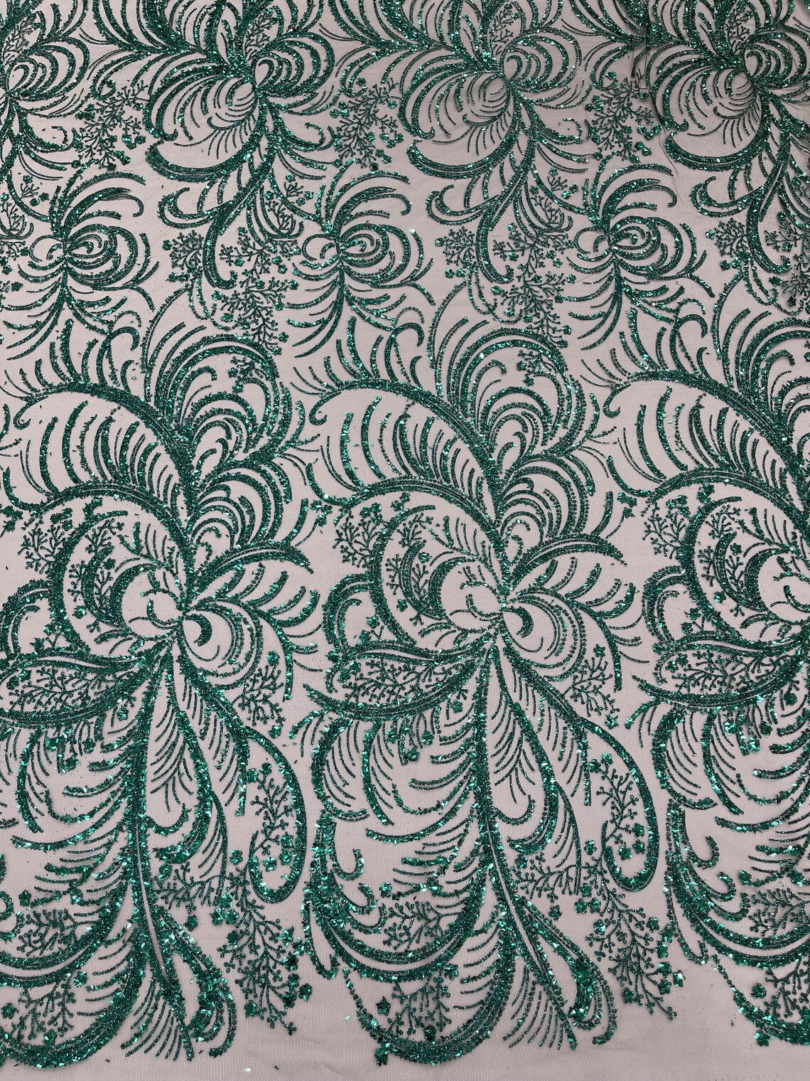 Palm Leaf Design Glitter Fabric - Hunter Green - Tulle Glitter Mesh Li