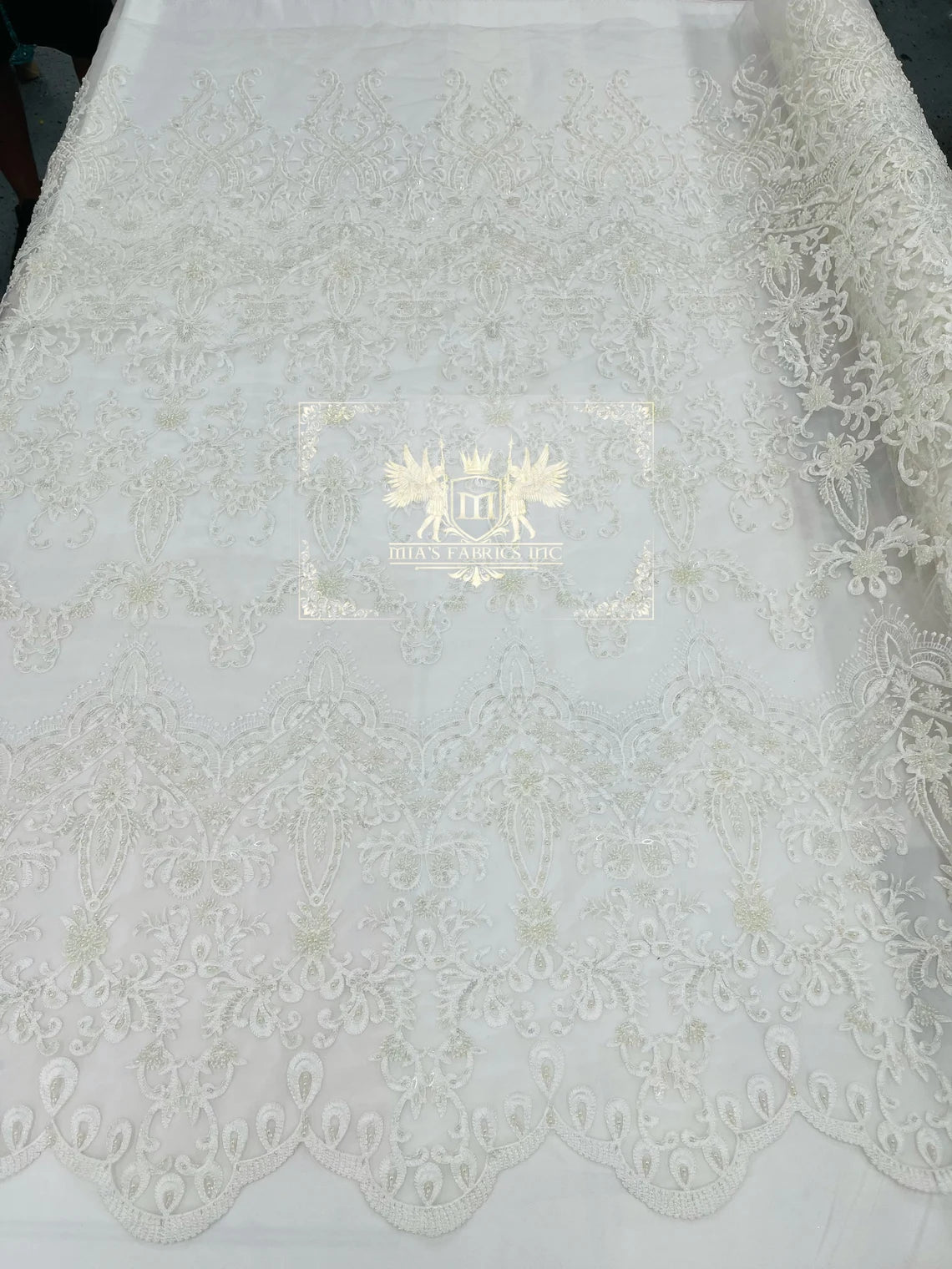 Royalty Fabrics Damask hand beaded design embroider on a mesh lace-prom-sold by the yard. Ivory main image 0