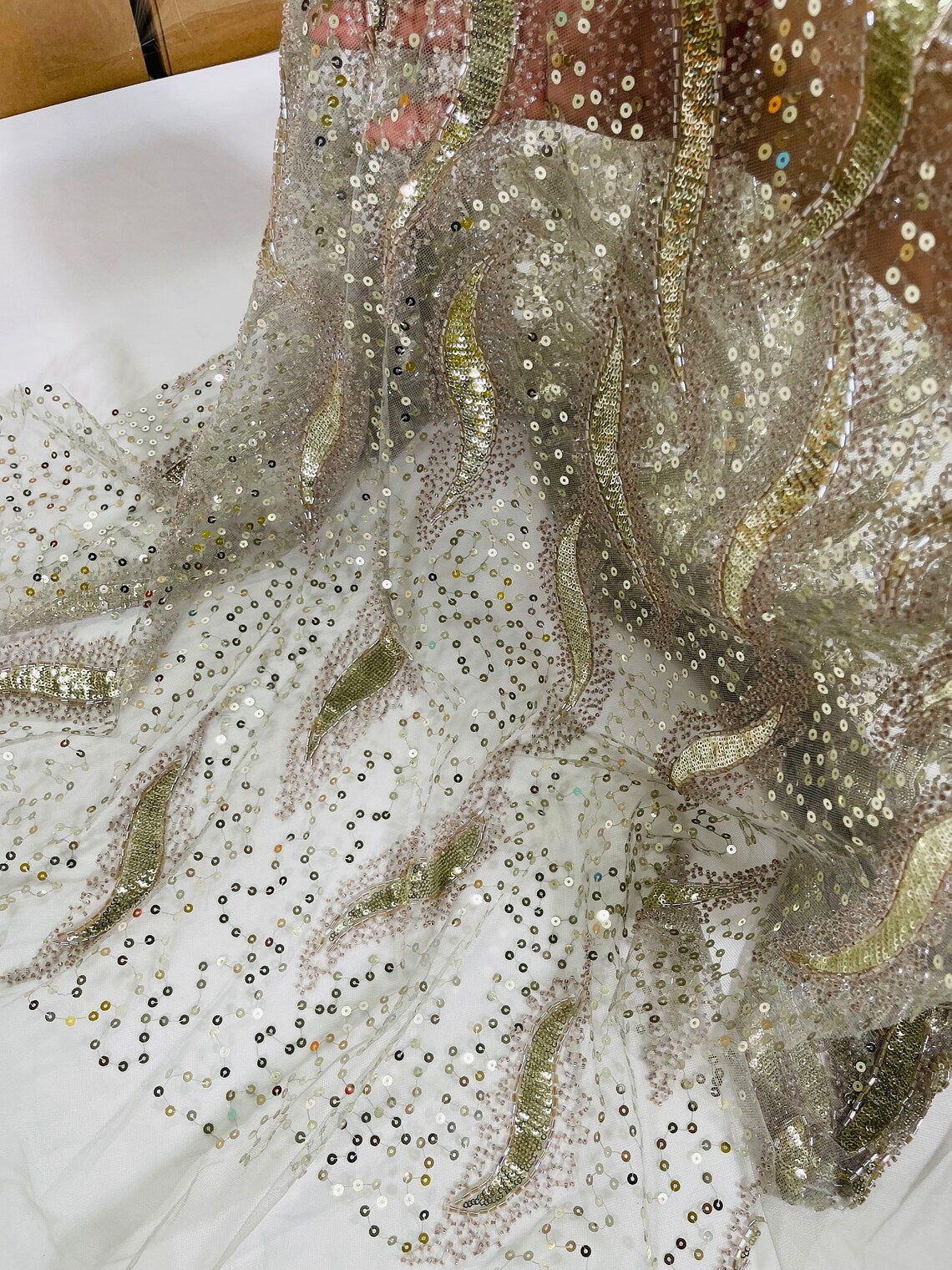 Light Gold Sequins & Beads on Chiffon Fabric main image 1