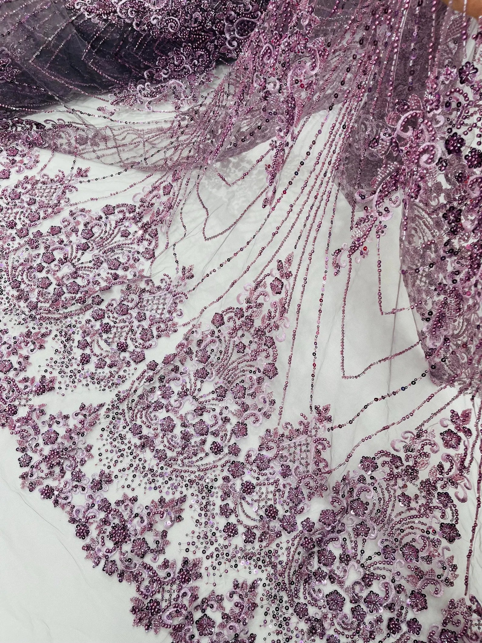 Luxury Beaded Design - Taupe - Sold By Yard Floral Fabric Embroidered w/ Pearls-Beads on Mesh Lace main image 1