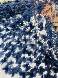 Navy Beaded Fabric 3D Floral Butterfly Fabric by the Yard, Luxury Butterfly Mesh