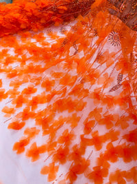 Orange Beaded Fabric 3D Floral Butterfly Fabric by the Yard, Luxury Butterfly Mesh