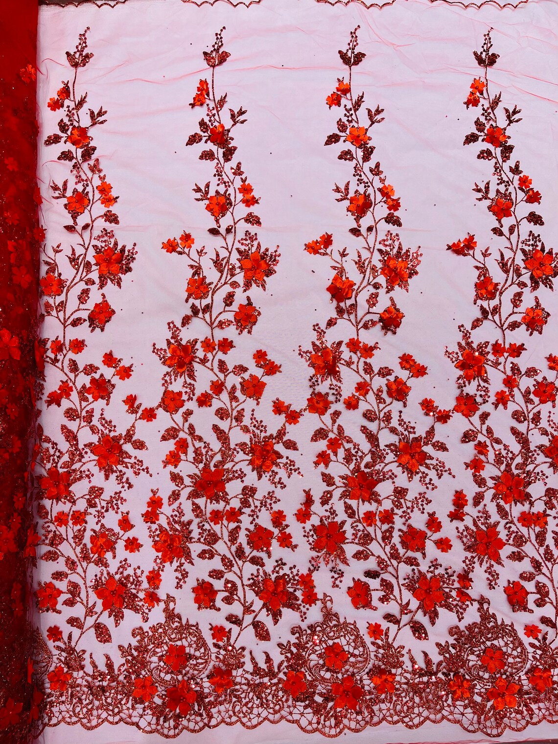 Red Lace with Shimmery Flower Design - 60 Wide - 1 Yard