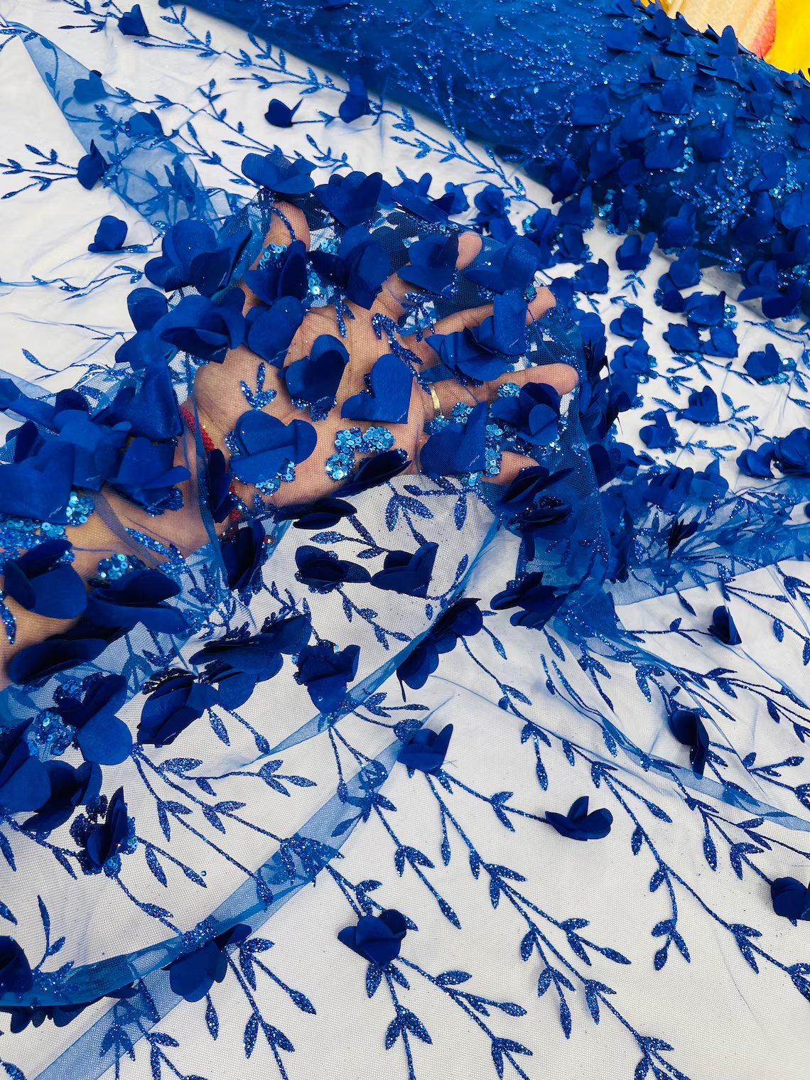 3D Glitter Floral Fabric - Royal Blue - Floral Line Glitter Designs on