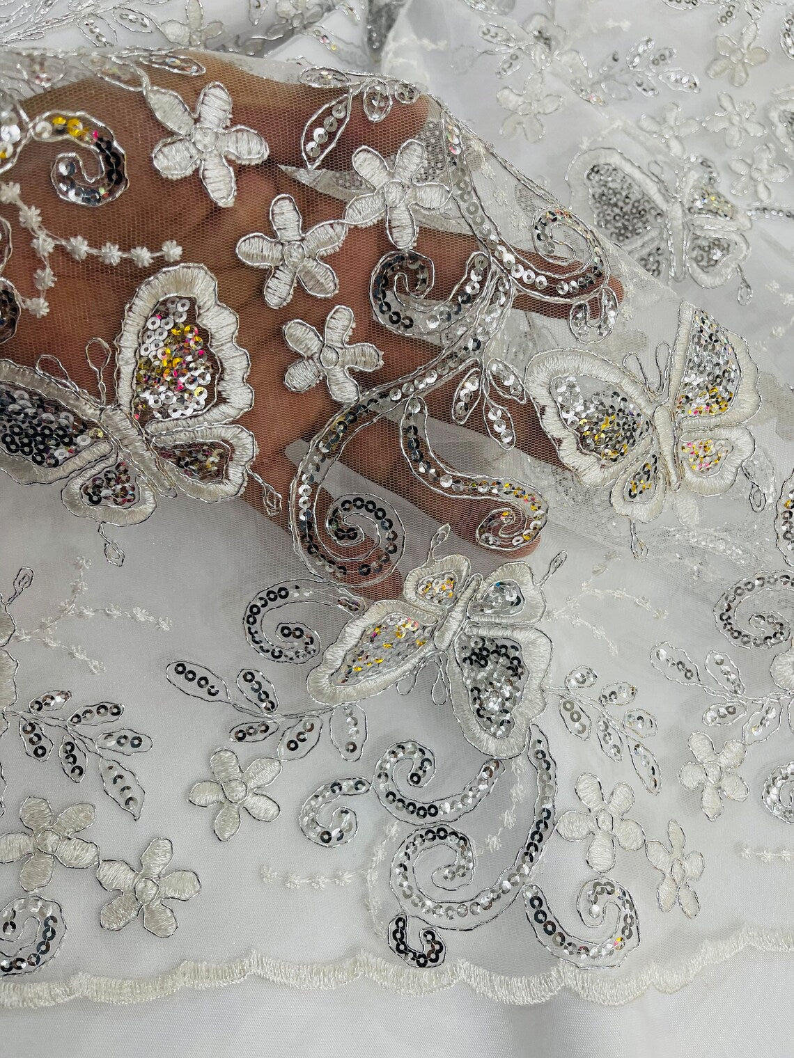 Butterflies Swirl Design - White - Metallic Sequins Butterflies on Lace Fabric By Yard