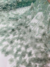 Sage Green Beaded Fabric 3D Floral Butterfly Fabric by the Yard, Luxury Butterfly