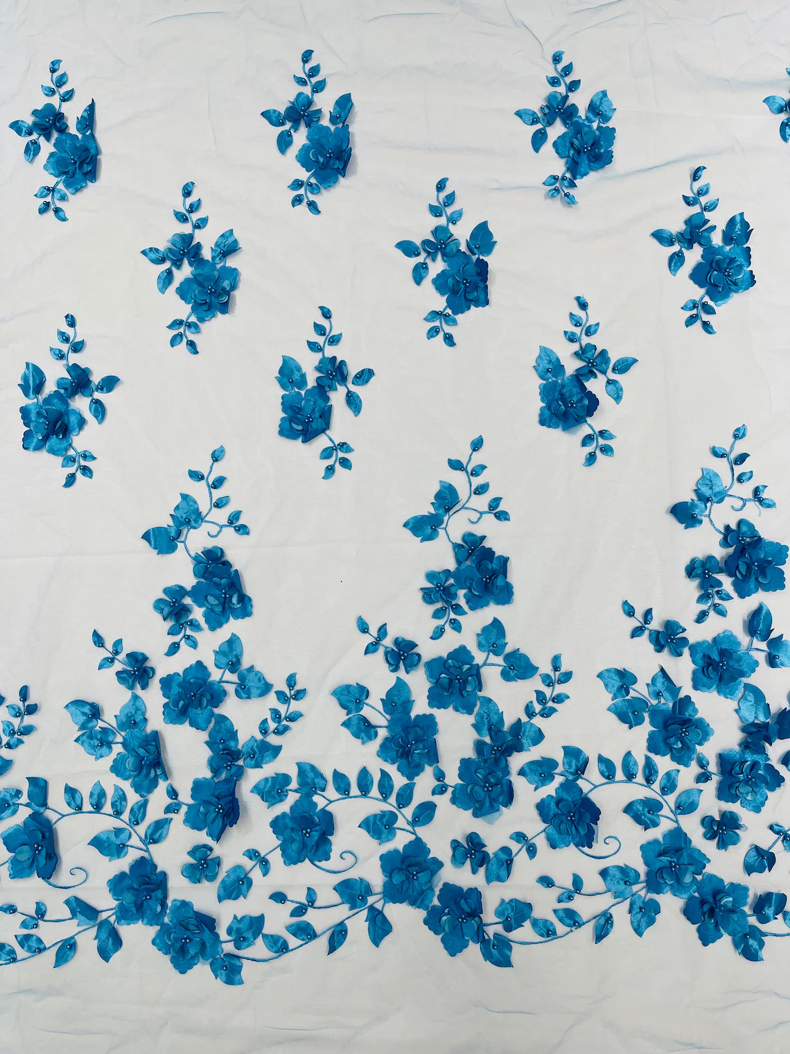 Floral 3D Pearl Fabric - Turquoise - Embroidered Single Border Flower
