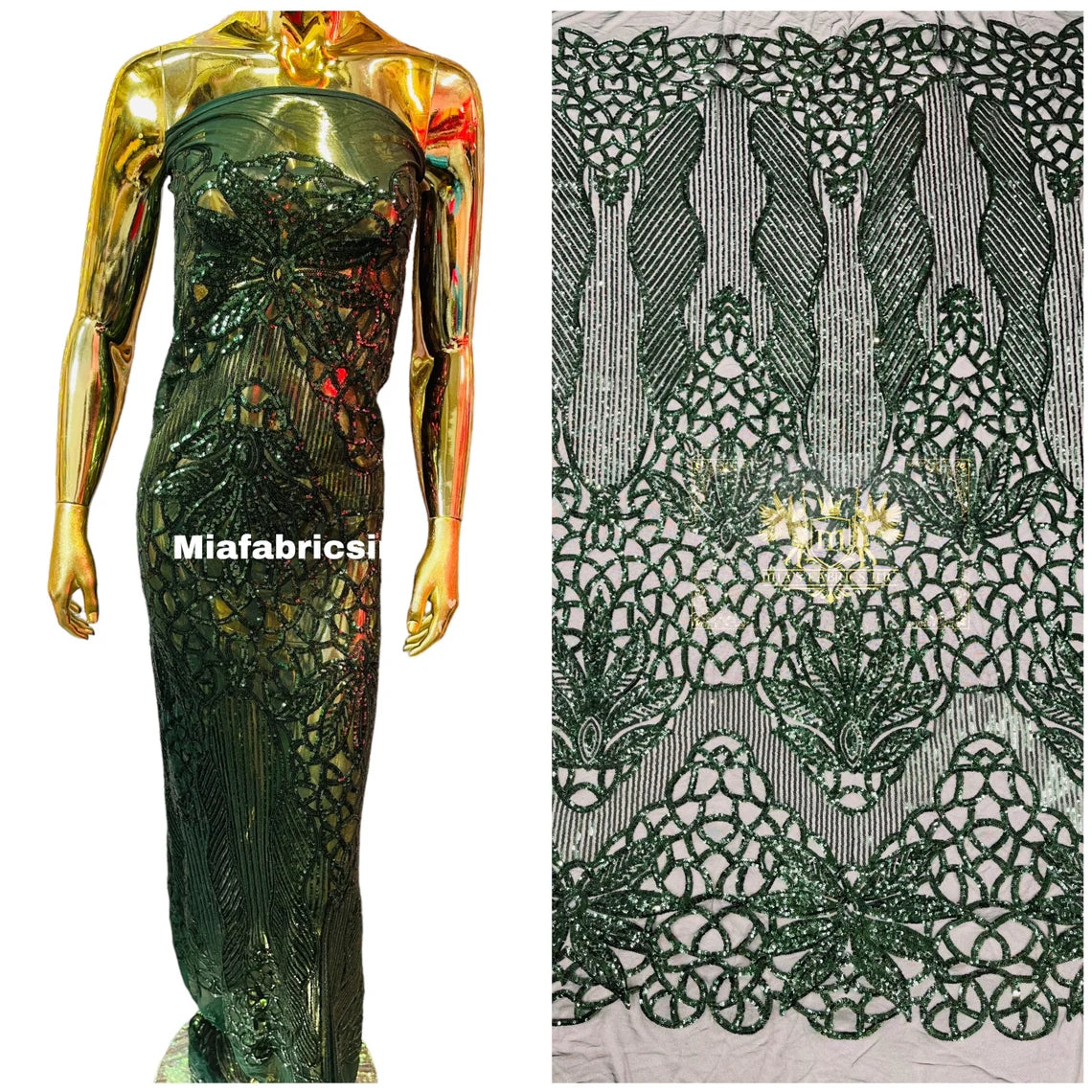 New Hunter Green shiny sequin damask design on a 4 way stretch mesh-sold by the yard. main image 0