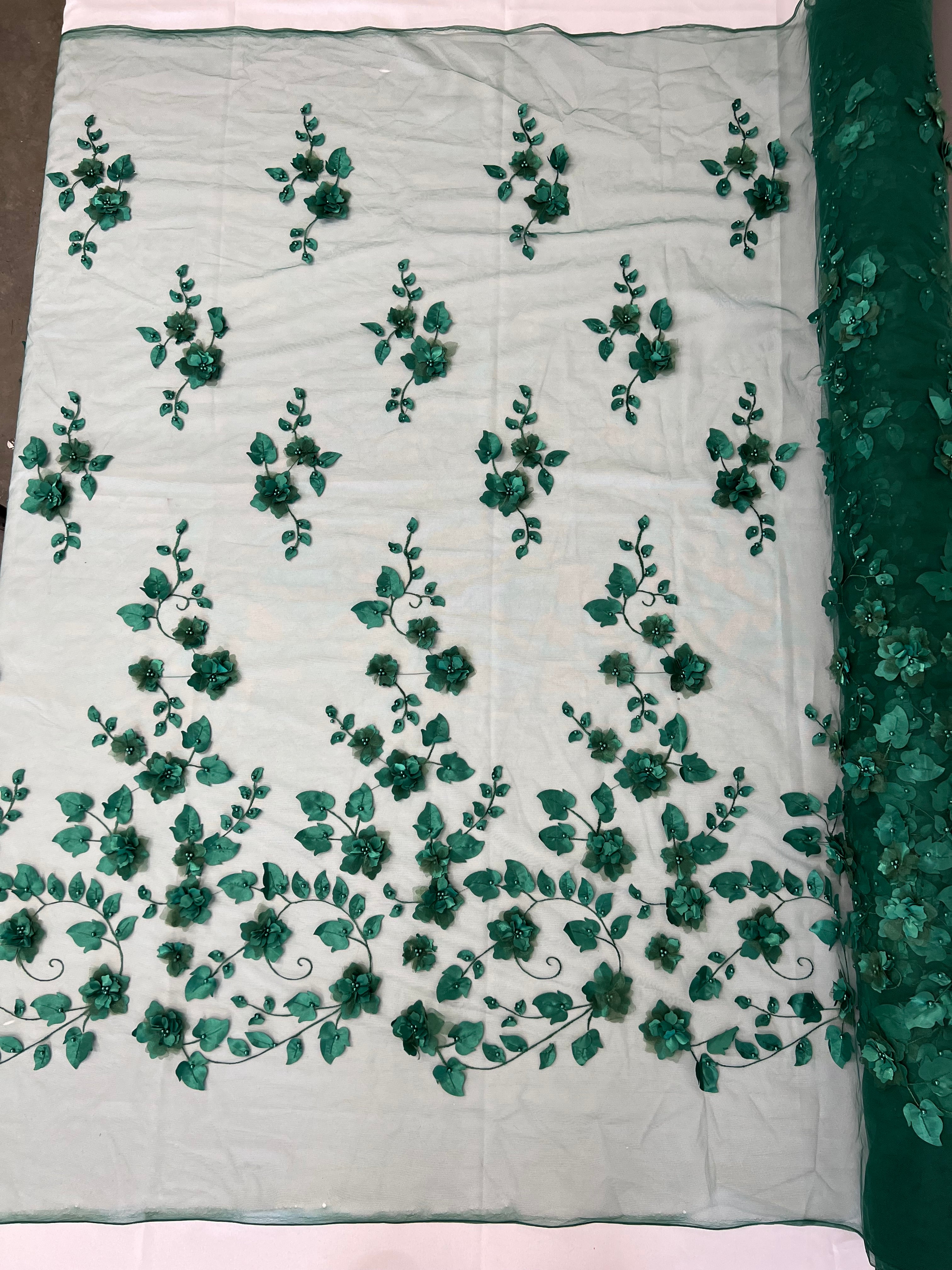 Roses 3D Fabric - Hunter Green - Embroidered Floral Fashion Design Hig
