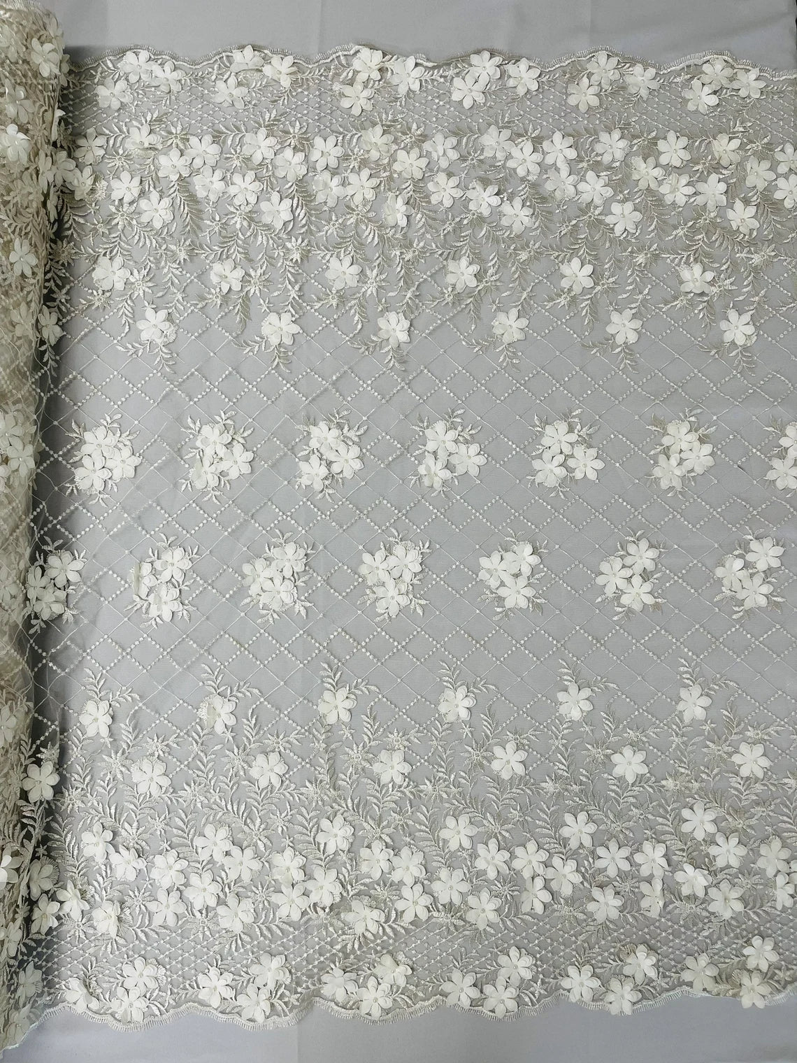 3D Triangle Floral Pearl Fabric - Ivory - 3D Embroidered Floral Design