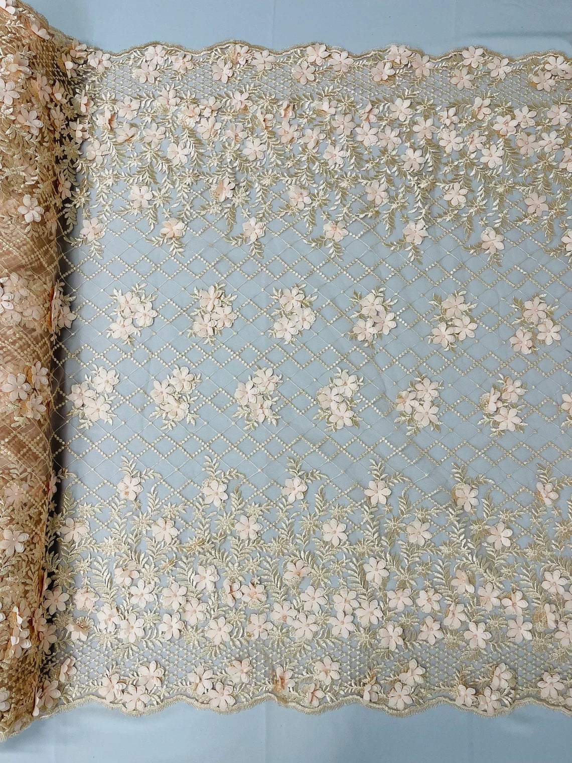 3D Triangle Floral Pearl Fabric - Peach - 3D Embroidered Floral Design