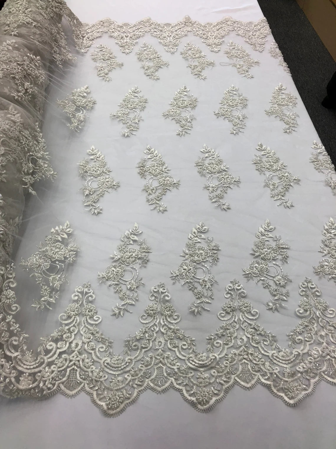 Floral Cluster Beaded Fabric White Embroidered Flower Beaded Fabri