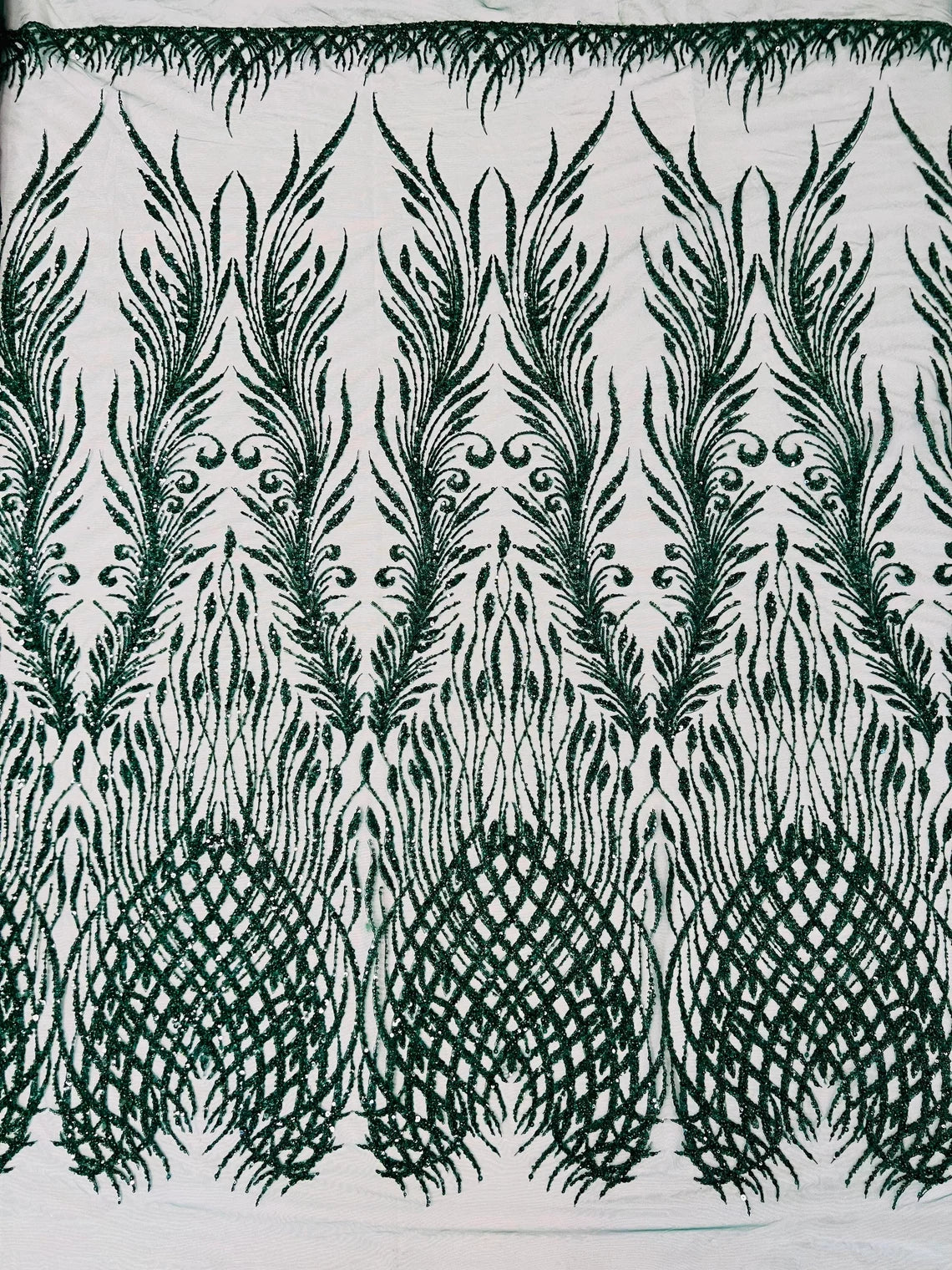 Floral Damask Bead Fabric - Hunter Green - Embroidered Floral Clusters with Beads / Sequins by Yard