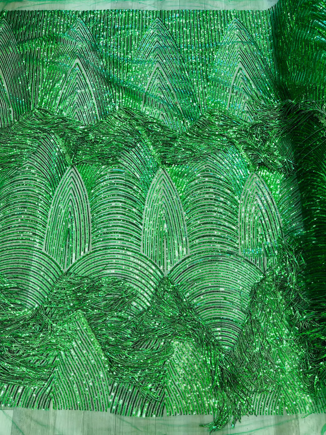 Fringe Sequins Fabric Green Hanging Sequins 2 Way Stretch Fabric S