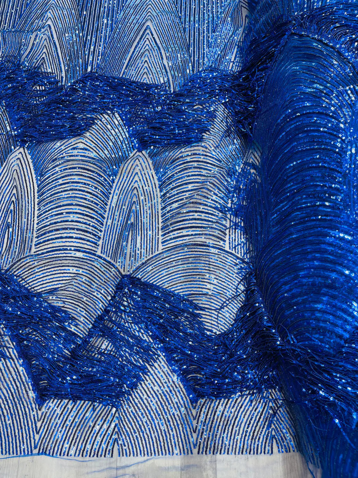 Fringe Sequins Fabric Royal Blue Hanging Sequins 2 Way Stretch Fab