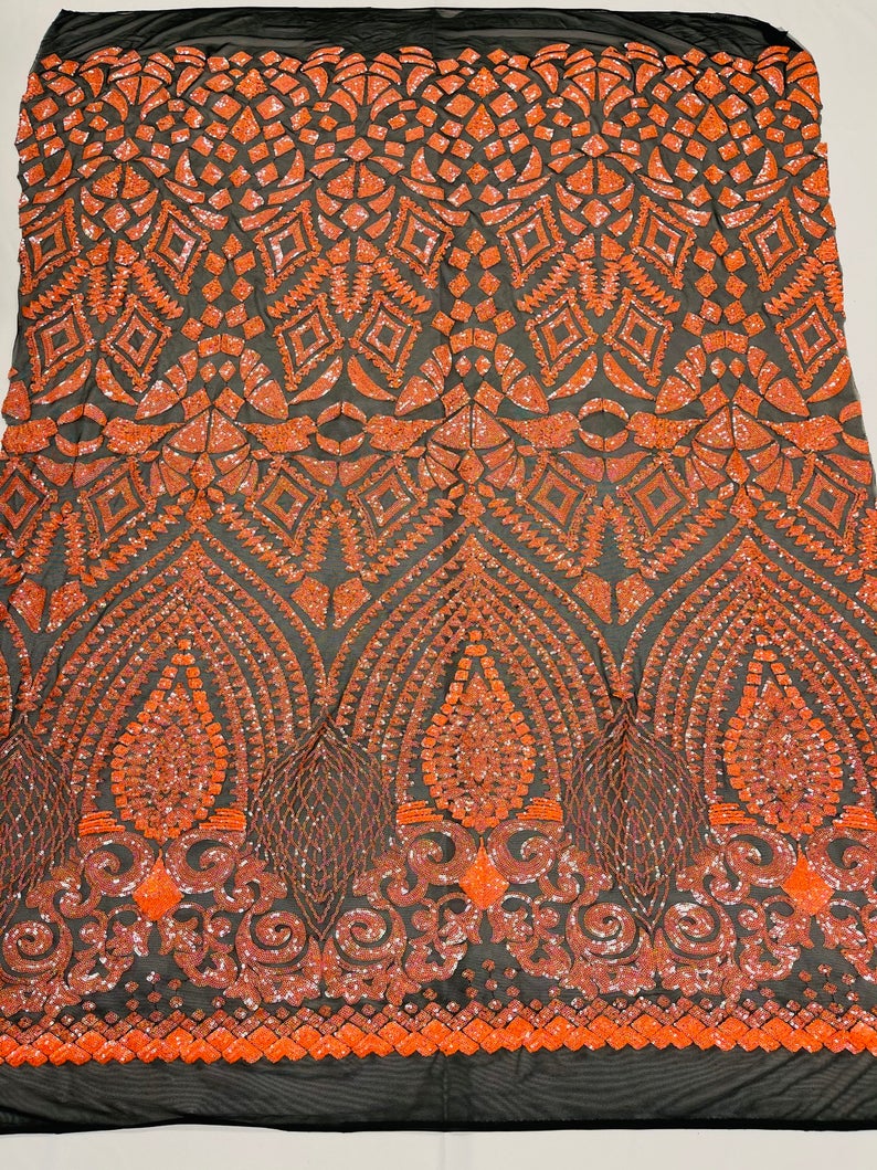 Neon Orange Sequins Fabric, Skin Mesh - Damask Design 4 Way Stretch Sequin Fabric on a Mesh-Prom-Gown By The Yard