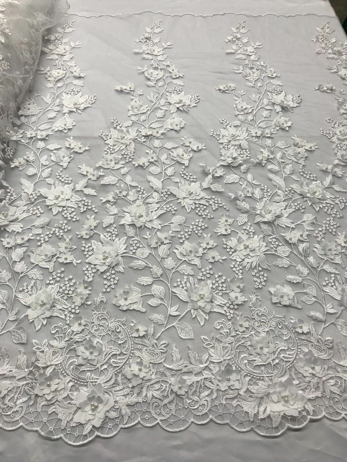 WHITE DIVA DESIGN EMBROIDERY WITH HEAVY BEADED ON A MESH-SOLD BY YARD. main image 0
