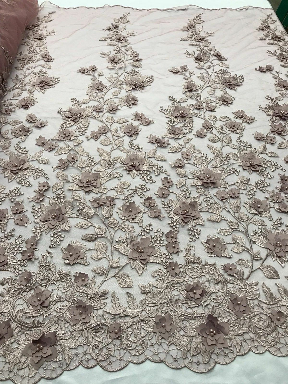 Dusty rose diva design embroidery with heavy beaded on a mesh lace-sold by the yard. main image 0
