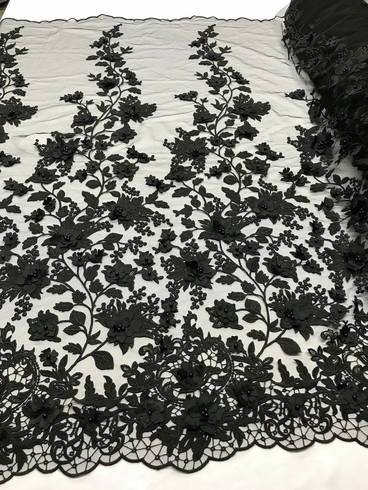 BLACK FLORAL DESIGN WITH CORD EMBROIDERY ON A MESH LACE-SOLD BY YARD. main image 1