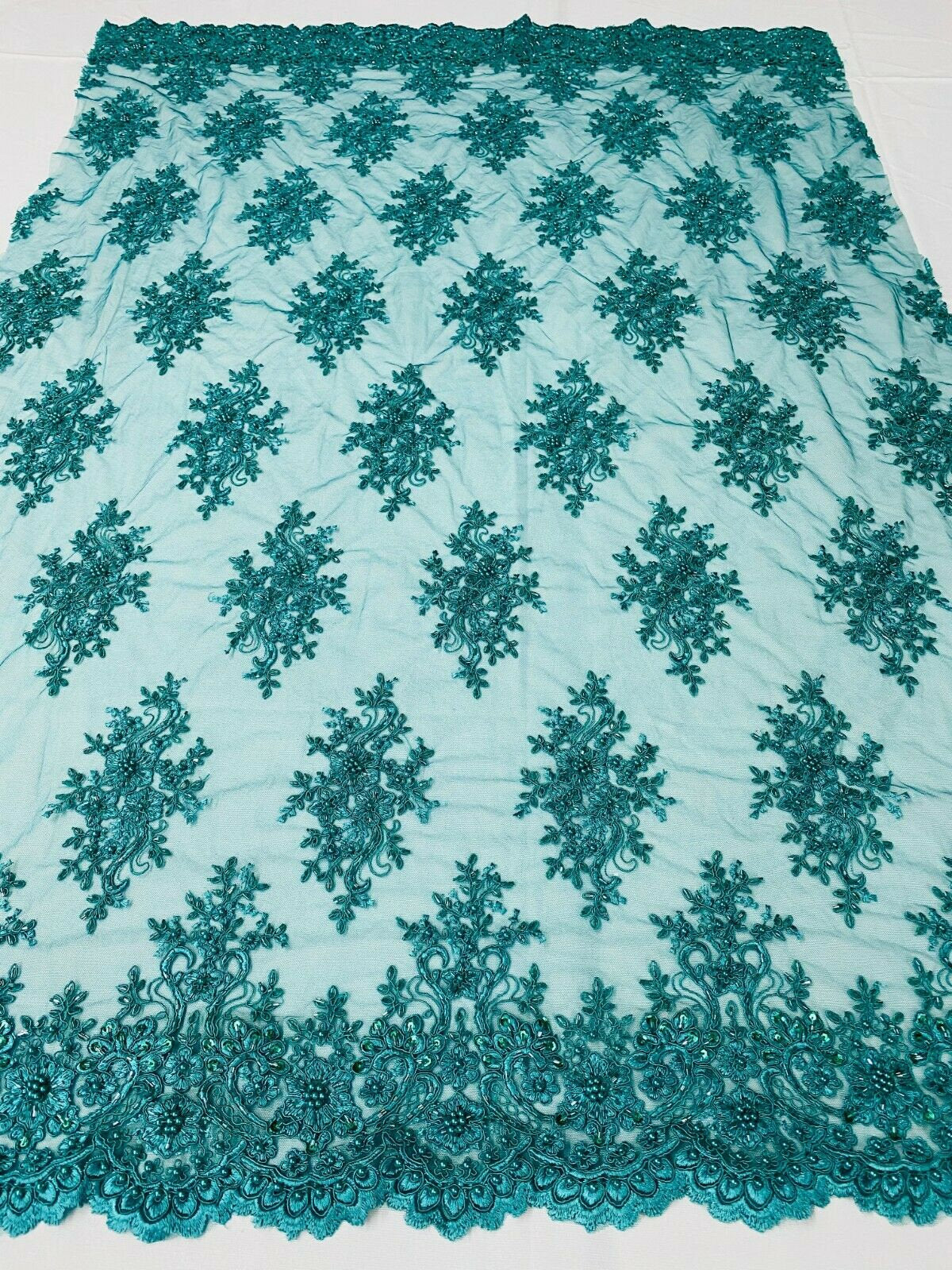 Teal Blue Floral Cluster Bead Fabric Embroidered Flower Beaded Fabri