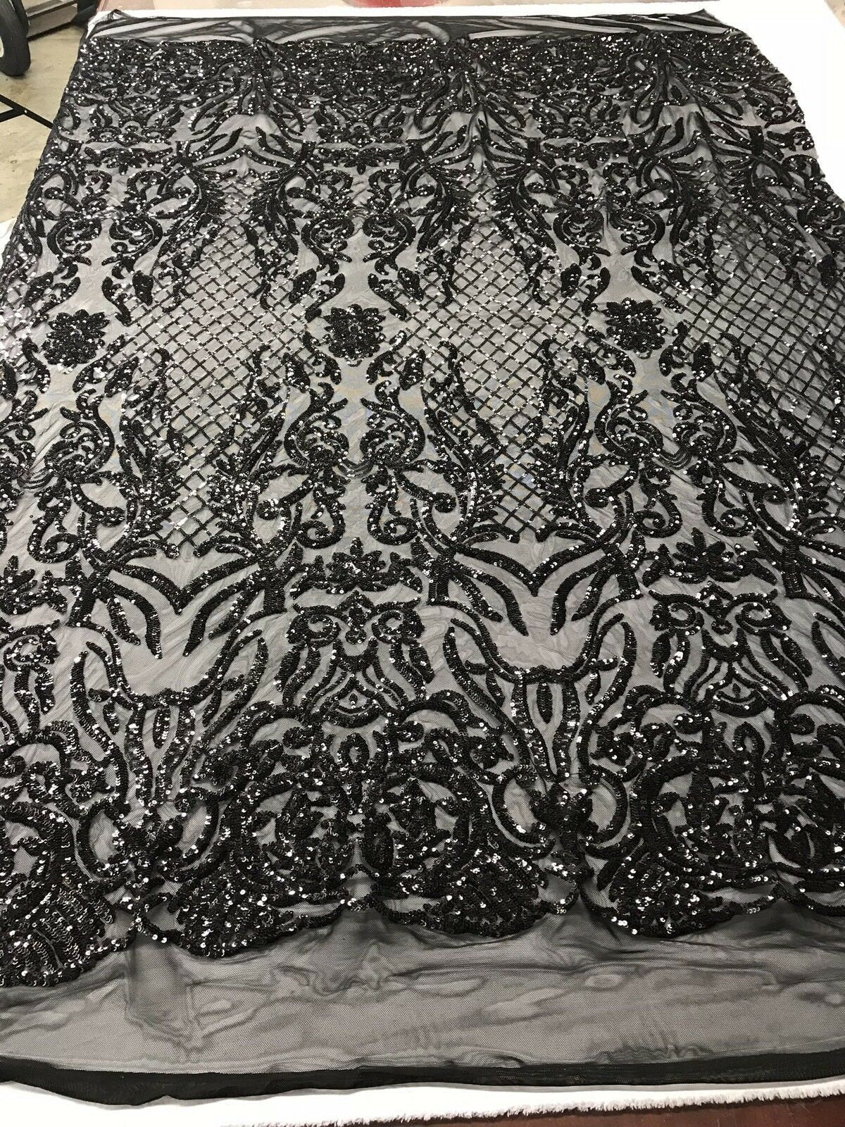 Fringe Sequins Design On A Black 4 Way Stretch Mesh Prom Fabric (1 Yard, Hunter Green)