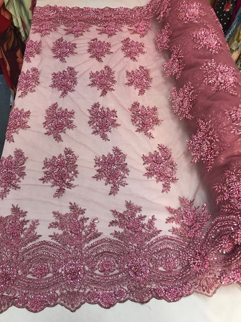Dusty rose diva design embroidery with heavy beaded on a mesh lace-sold by the yard. main image 1