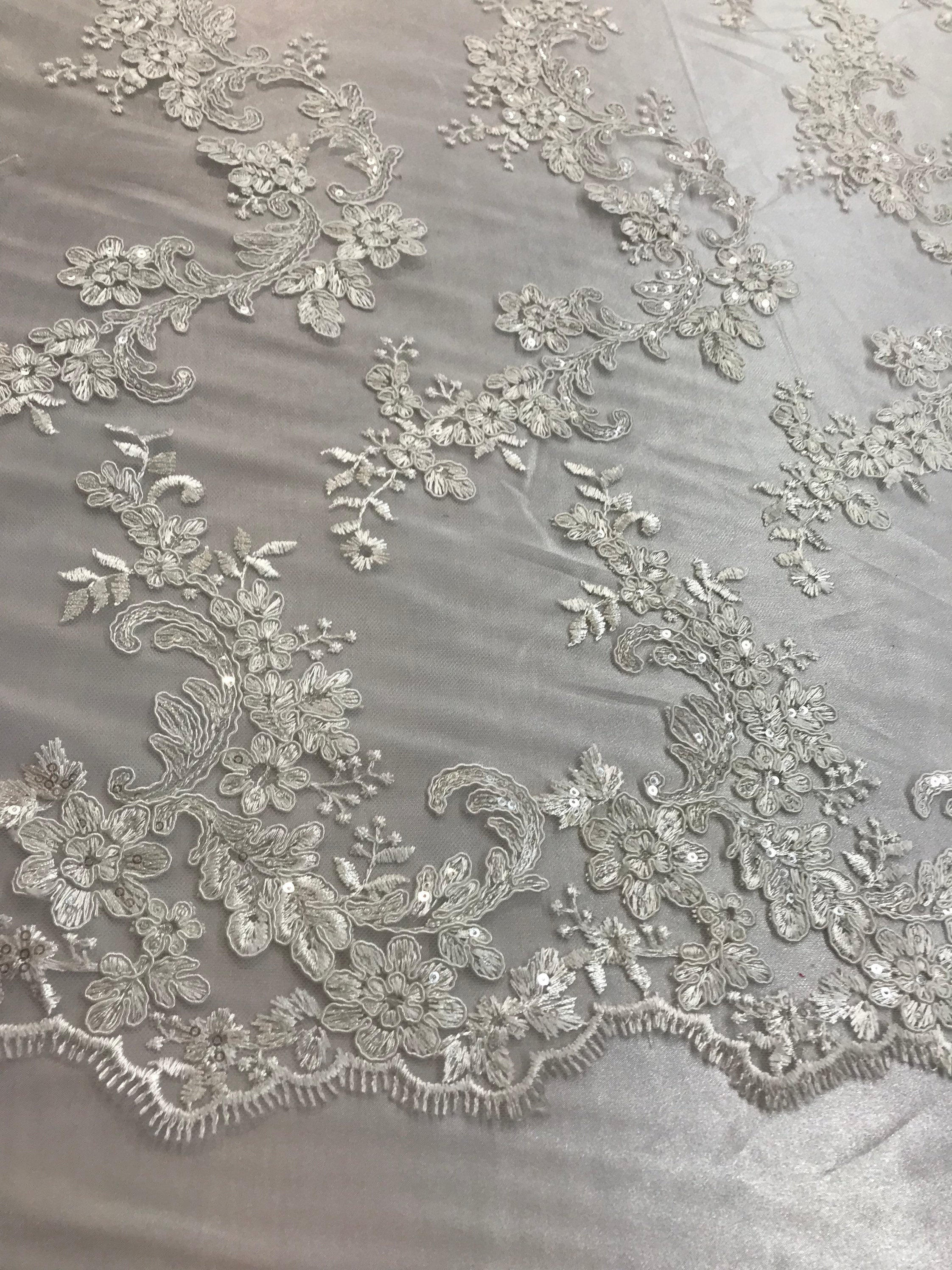 IVORY DAMASK LACE EMBROIDERY ON A TEXTURE MESH-BY YARD. main image 0