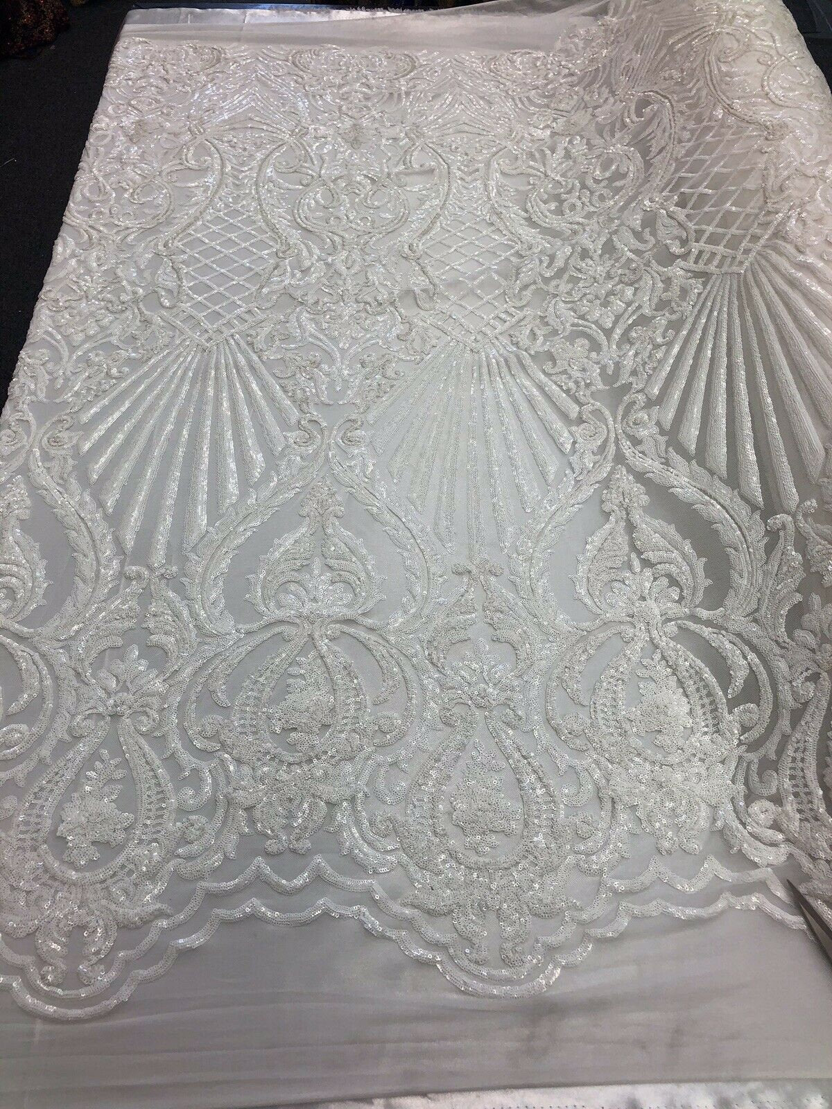 Damask Design Sequins Embroider on a 4 Way Stretch Mesh Fabric- Sold by The Yard. Dk Nude White