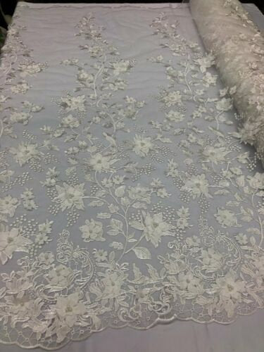 Ivory 3D Floral Design Embroider and Beaded With Pearls On a Mesh Lace