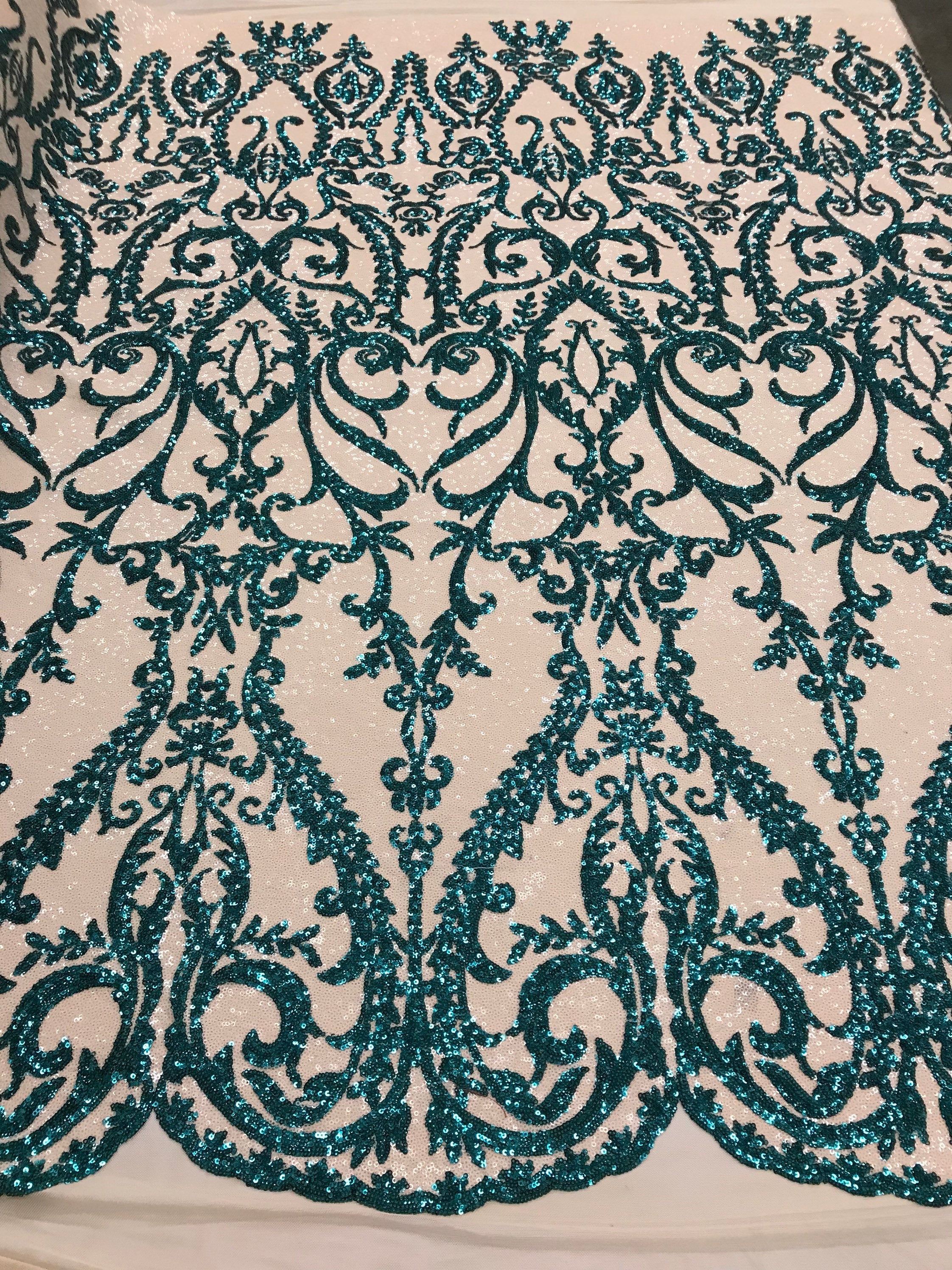 Two Tone Teal Green Sequins Lace Fabric On Mesh Damask Design Embroide