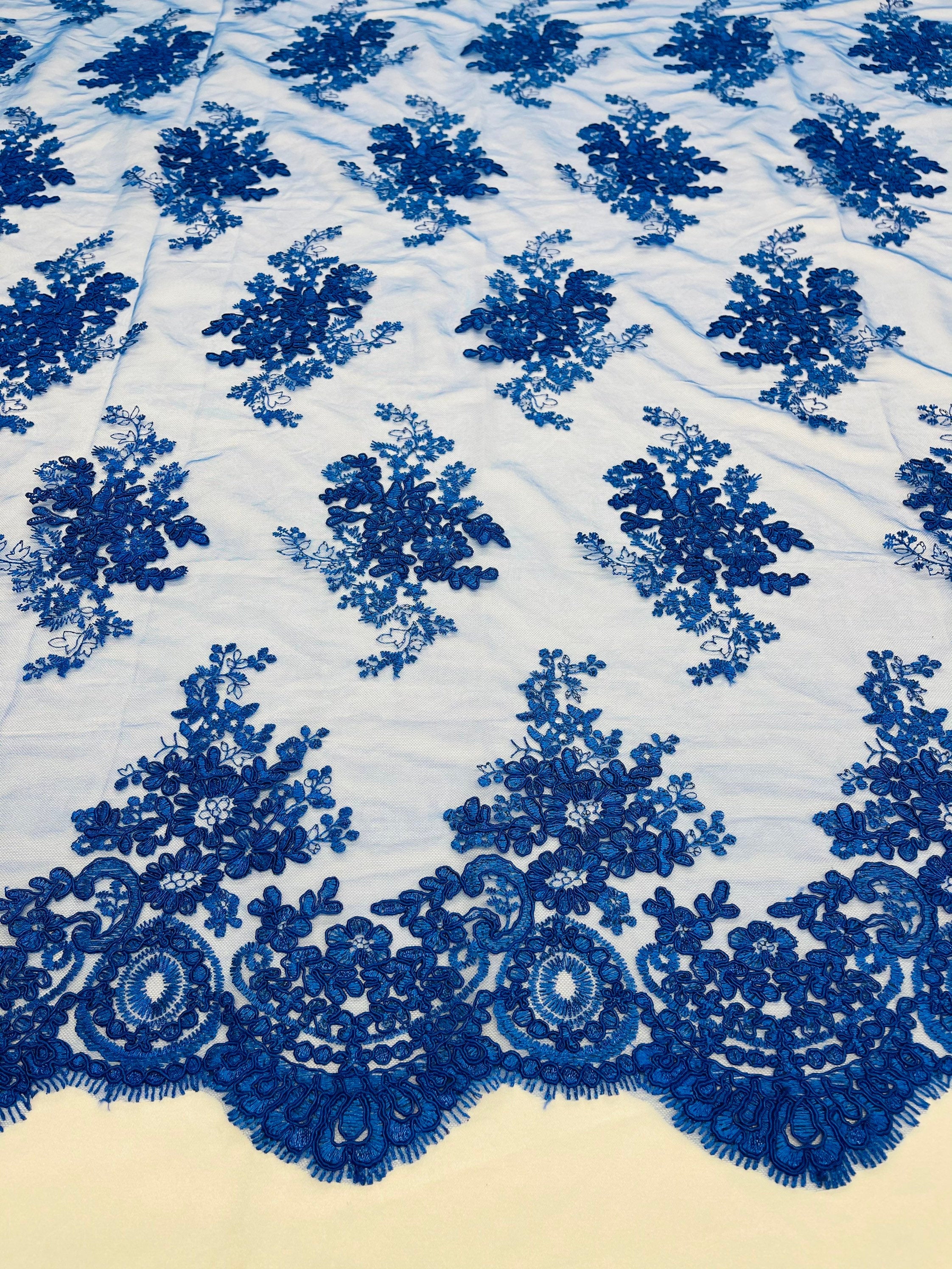 Royal Blue Floral Lace Fabric, Embroidery on a Mesh Lace Fabric By The