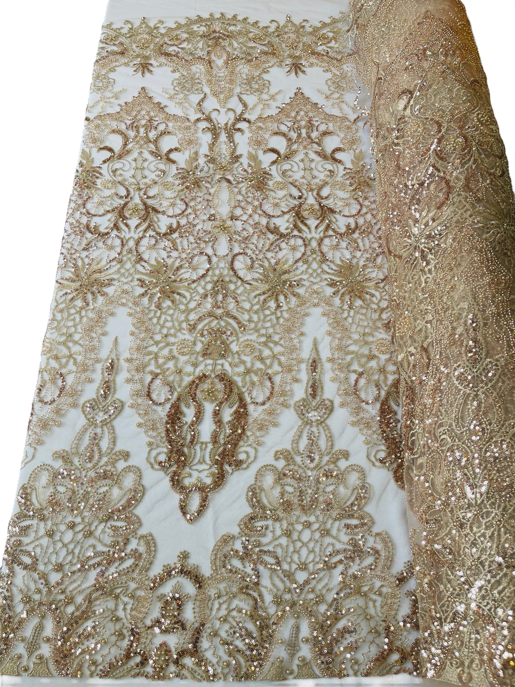 Royalty Fabrics Damask hand beaded design embroider on a mesh lace-prom-sold by the yard. Red main image 1