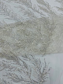 Off White Beaded Fabric by the yard, Bridal beaded, Damask Pattern With Beads and Sequin